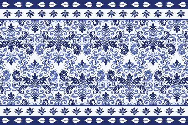 blue seamless floral pattern with delicate tulip blooms and decorative leaf accents featuring a classic border design for fabric textile background and trendy print patterns