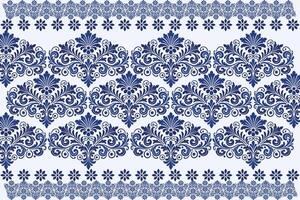 blue seamless floral pattern with intricate tulip flowers, leafy vines, and a traditional frame for fabric background, textile design, and timeless print motifs vector