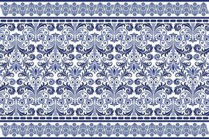 blue seamless floral design with vintage tulip flowers and intricate leaf patterns with a traditional border for fabric textile background and stylish fashion print vector