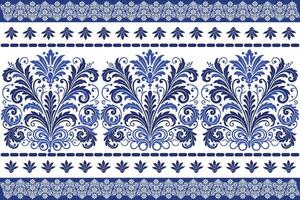blue seamless floral pattern with tulip blossoms, leafy accents, and a traditional frame design for fabric background, textile prints, and refined pattern artwork vector