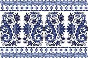 blue seamless floral design with bold tulip shapes, delicate leaf accents, and a classic border for fabric background, textile prints, and refined pattern designs vector