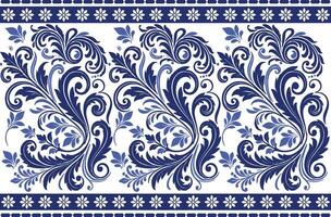 blue seamless floral pattern featuring tulip blossoms and leaf details with a traditional border for fabric background, textile prints, and classic design patterns vector