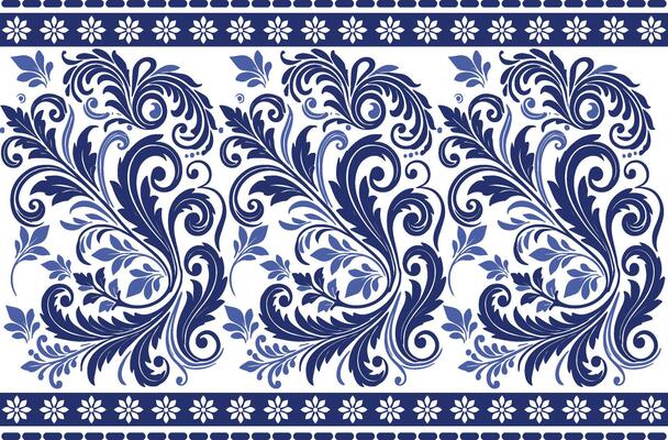 blue seamless floral pattern featuring tulip blossoms and leaf details with a traditional border for fabric background, textile prints, and classic design patterns