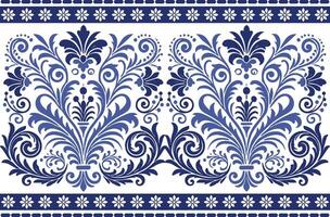 blue seamless floral pattern with vibrant tulip blossoms and intricate leaf details framed by a classic border for fabric background, textile prints, and elegant design patterns vector