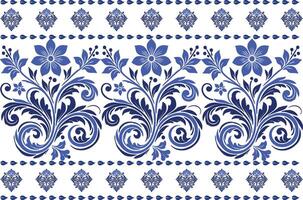 blue seamless floral pattern with bold tulip blooms, decorative leaf elements, and a refined border design for fabric background, textile prints, and timeless design motifs vector