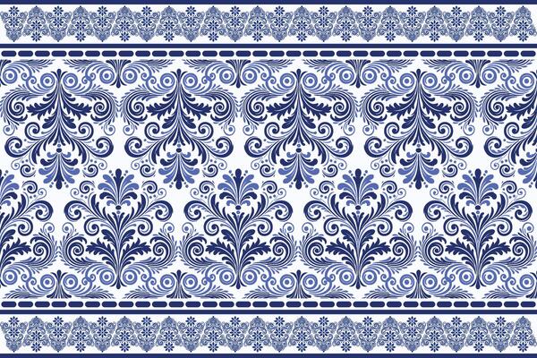 blue seamless floral pattern with vintage tulip motifs and ornamental leaf design featuring traditional border for textile fabric background and fashion prints