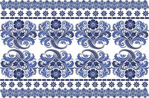 blue seamless floral pattern with delicate tulip blossoms, intricate leaf designs, and a traditional border for textile background, fabric prints, and decorative design motifs vector