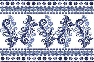 blue seamless floral pattern with tulip motifs, ornamental leaf designs, and a vintage border for textile background, fabric prints, and timeless pattern designs vector