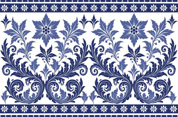 blue seamless floral pattern with elegant tulip designs, delicate leaf motifs, and a classic border for textile fabric background, vintage prints, and stylish patterns