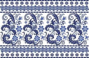 blue seamless floral pattern with stylized tulip flowers, intricate leaf designs, and a traditional border for textile background, fabric patterns, and classic print designs vector