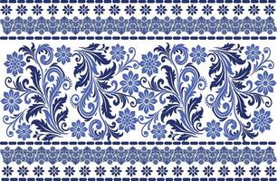 blue seamless floral pattern with blooming tulips, swirling leaf motifs, and a classic border design for textile background, fabric prints, and refined pattern designs vector
