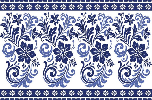 blue seamless floral pattern with bold tulip shapes and decorative foliage featuring a vintage border for textile fabric background and sophisticated design prints