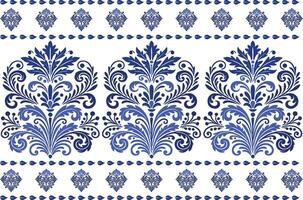 blue seamless floral design with stylized tulip flowers, detailed leaf motifs, and a classic border for textile background, fabric prints, and vintage pattern styles vector