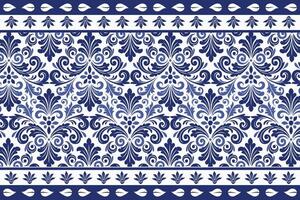 blue seamless floral pattern with intricate tulip illustrations and elegant leaf patterns framed by a traditional border for textile background and decorative fabric prints vector