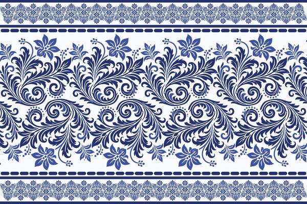 blue seamless floral pattern with classic tulip motifs and decorative leaf design featuring traditional border for fabric textile background and elegant fashion prints