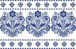 blue seamless floral pattern with detailed tulip designs, flowing foliage elements, and a classic border for fabric background, textile prints, and decorative pattern artwork vector