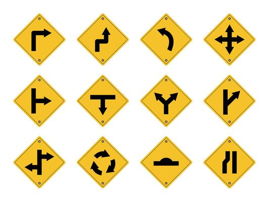 Road directional signs. Road signals.