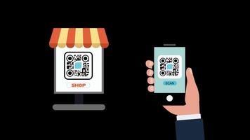 Smartphone scan QR code for payment to shopping store icon and confirmation icon animation.4K and Alpha matte video