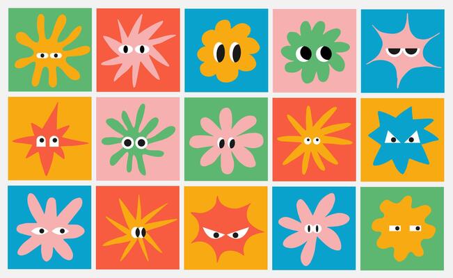 Set of abstract playful basic shape with eye. Square with abstract organic face in flat style. Colorful elements