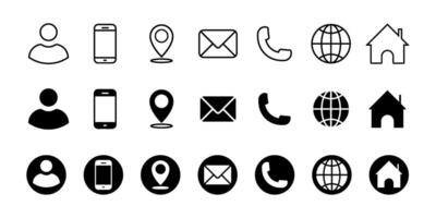 Business card and website icon set. Contact information and communication flat icons, location, name, phone, email, and web address symbols. vector
