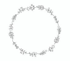 Set of simple drawings of plants, flowers, branches, leaves. Round frame, plant border. Hand drawn linear icons. Background, place for text. vector
