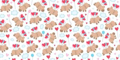 Funny happy cartoon capybara with balloons flying in the clouds. Pattern repeating. Animal, holiday, birthday, Valentine's Day. Heart shape. vector
