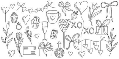 Romantic black and white doodle illustration for Valentines Day. hearts, flowers, ribbons, and festive elements in hand drawn style. Ideal for greeting cards, patterns, and digital art vector