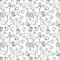 Valentines Day seamless pattern with hand drawn hearts, gift boxes, ribbons, strawberries, and festive elements in black. doodle style. Perfect for wrapping paper, textiles, and digital backgrounds vector