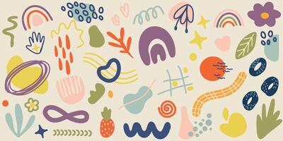 Set of trendy doodle and abstract art background. Creative Hand drawn various shapes elements for kids and school cover, abstract wall art for home decor, wallpaper, prints and pattern design vector