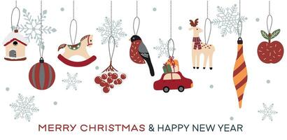 Christmas banner with cute decorative toys. Winter holiday background for Happy New Year greetings. Color vecto illustration with white isolated background. vector