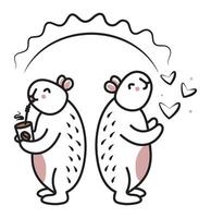 Two cute black line whimsical capybaras enjoy sunny day, doodle of trendy kawaii characters with a cup of mocha mousse and hearts, big friendly rodents for a postcard, fabric prints, etc. vector