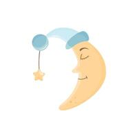 Sleeping moon in a cap. For kids design . Stock isolated clipart on a white background. Baby shower theme. Graphic design illustration vector