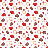 Valentine's Day seamless pattern with lips, candy, ring and hearts. Colorful cute hand drawn background. Ideal for clothes, textiles, packaging, web backgrounds, fabrics, wrapping paper, decoration vector