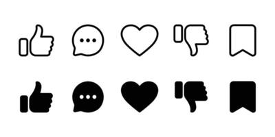 Social media icon set. Like, speech bubbles, messages, bookmarks, dislikes, and heart icons. Linear and silhouette style. vector