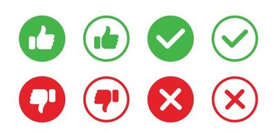 Thumb up and thumb down sign. Check mark and cross mark icon set. Like and dislike symbols set in green and red circles. vector
