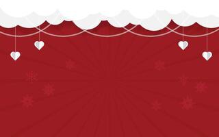 Red Festive Background with Paper Clouds and Heart Decorations - Christmas Background Illustration vector