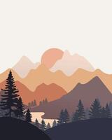 Abstract mountains vertical landscape with silhouette trees and river - Illustration vector