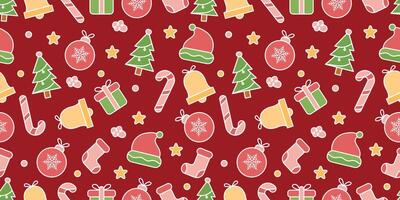 Seamless Christmas Pattern with Colorful White Icons on Red Background vector