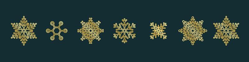 Gold abstract snowflake symbols set on green background. vector