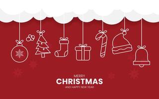 Merry Christmas Text with Hanging Elements on Red Background - illustration vector