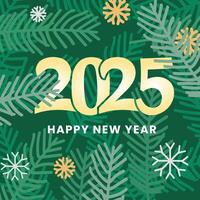 Happy New Year 2025 Gold Banner with Snowflake and green pine branches background. vector