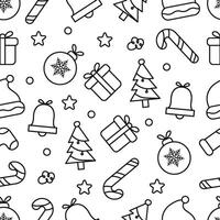 Seamless Christmas Pattern with Black Line Icons on White Background vector