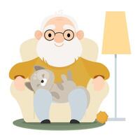 Senior elderly man sits in a soft chair at home with a cat on his lap vector