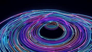 Glowing neon lines create concentric circles against a black background, showcasing vibrant colors and abstract motion video