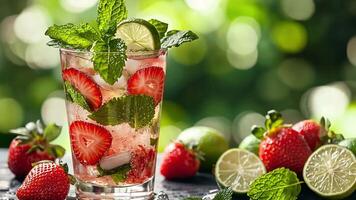 Glass of refreshing strawberry mojito appears on a table with fresh mint, lime and strawberries on a blurry green background video