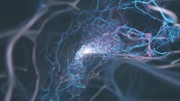 Blue and purple energy flows through a complex network of nodes, creating a dynamic and abstract digital landscape video