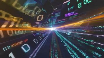 Light streaks illuminate lines of code as data streams rapidly through cyberspace, creating a dynamic digital landscape video