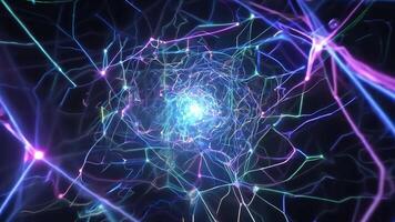 Glowing energy flows through a network of nodes connected by lines, creating a dynamic digital landscape video