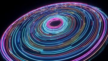 Spinning neon circles create a mesmerizing visual effect against a black background, radiating vibrant energy and color video