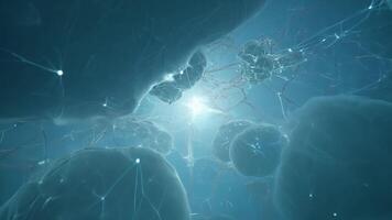 Light is increasing behind a network of neurons with electrical impulses traveling between them video